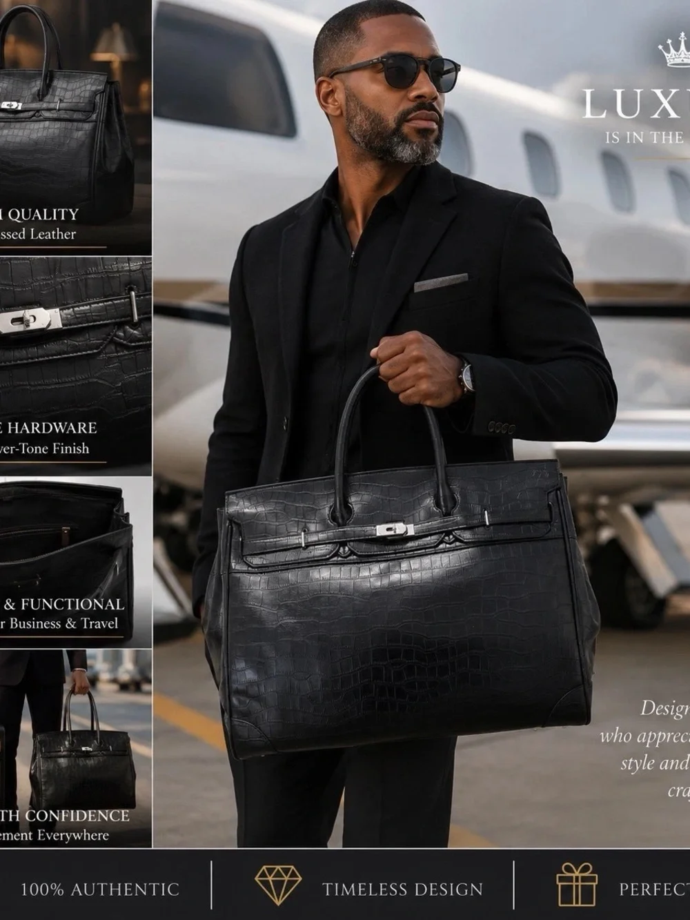 Men's Black Croc-Embossed Leather Messenger Bag with Top Handles